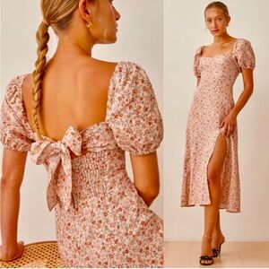REFORMATION Denver Floral Print Linen Midi Dress Sz 2 cottagecore coquette boho